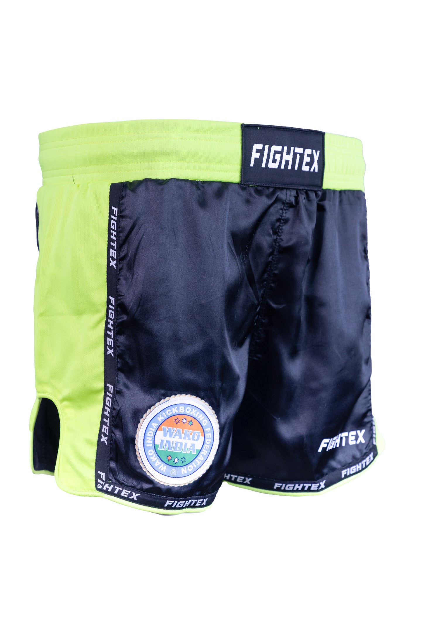 Fightex Kickboxing Shorts – WAKO India Official Edition (Black & Neon Green)