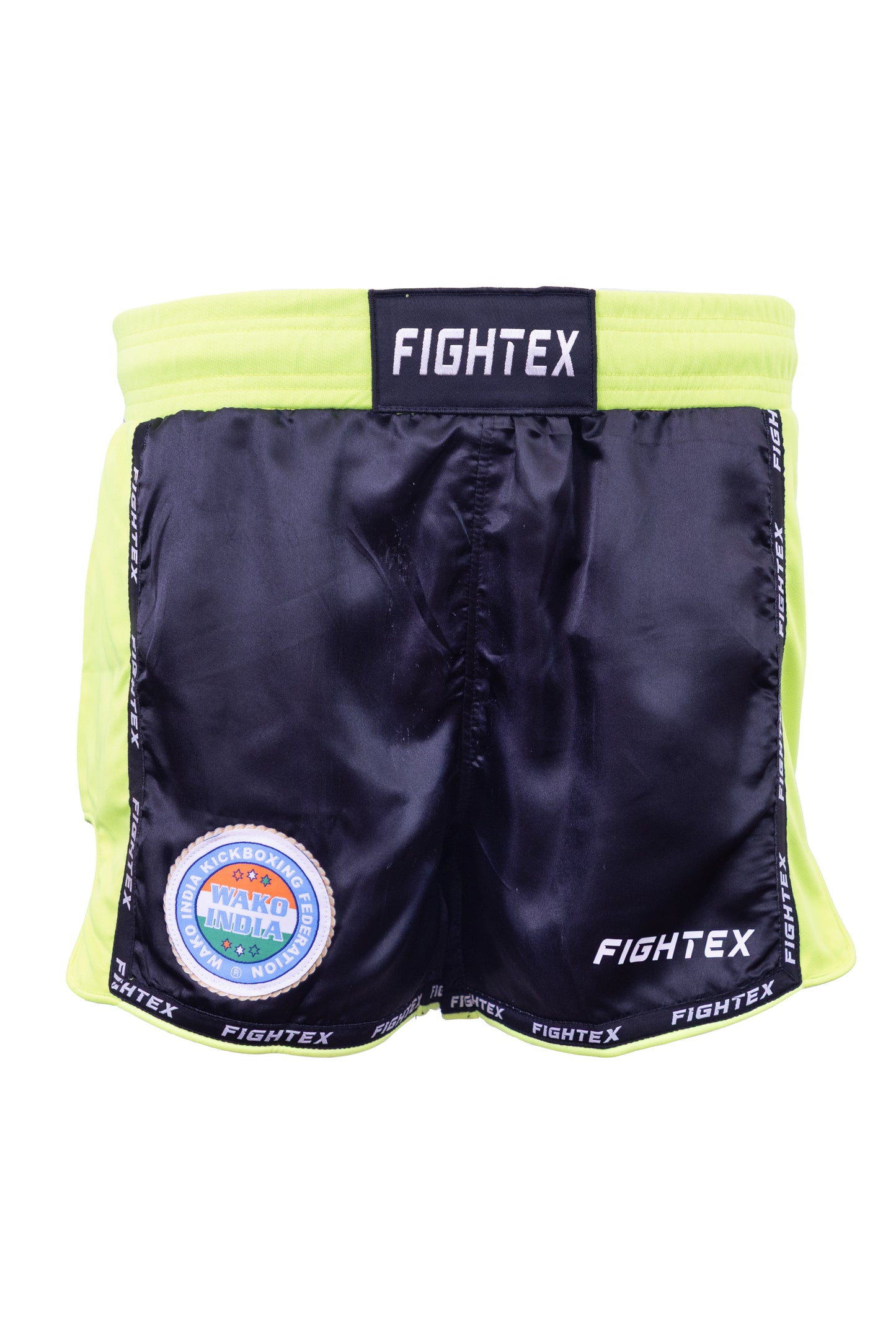 Fightex Kickboxing Shorts – WAKO India Official Edition (Black & Neon Green)